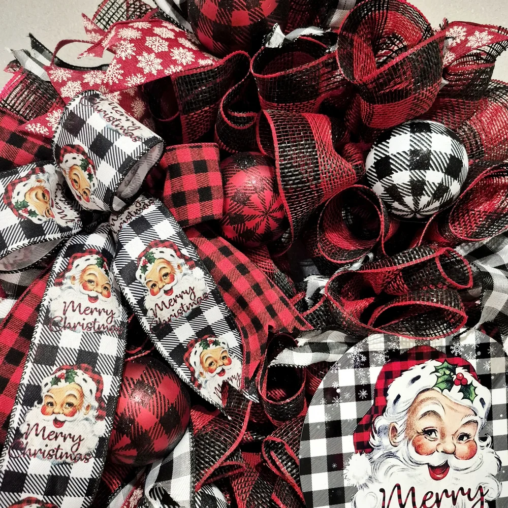 Festive Red and Black Santa Christmas Wreath Large Holiday Wreath Buffalo Check